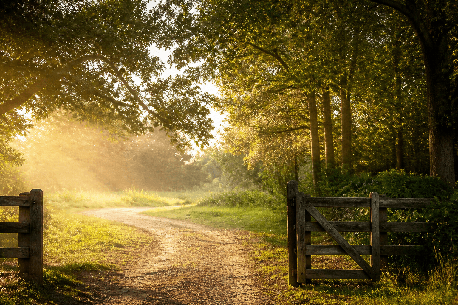 An open wooden gate beside a sunlit path through a green forest